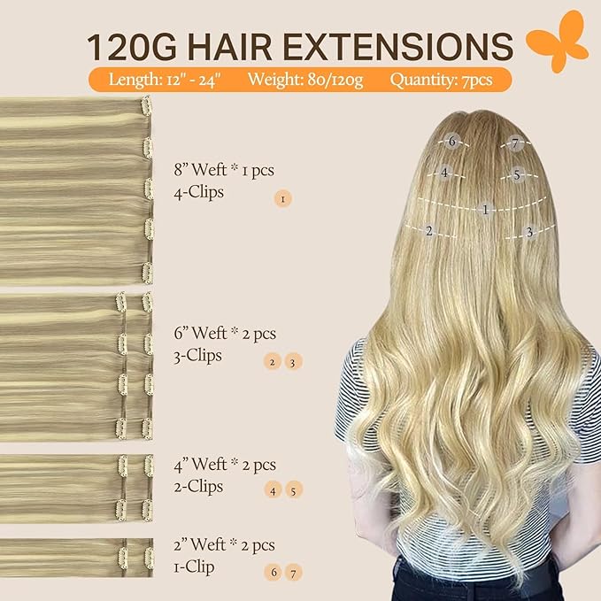 DOORES Hair Extensions Clip in Ombre Light Blonde Highlighted Golden Blonde 7pcs 24Inch Clip in Human Hair Extensions Remy Natural Hair Extensions Straight Thick 120g