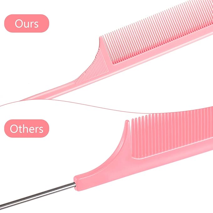 Leinuosen 3 Pack Rat Tail Combs Fine Tooth Parting Tip for Women Carbon Fiber Heat Resistant Anti Static Teasing for Back Combing Root Teasing Adding Volume Evening Styling(Pink)
