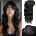 Hair Topper, 360° 3D Hair Toppers for Women with Thinning Crown, 20 Inch Long Wavy Curly Hair Pieces Clip in Bangs (Black, 20 inch, French Bangs)