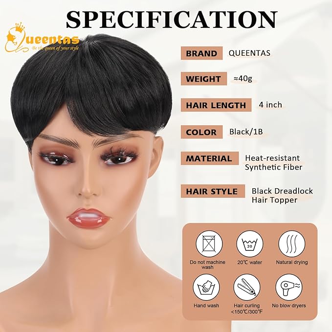 QUEENTAS Black Short Hair Toppers for Women with Thinning Hair 360°3D Cover with 3 Clips Hair Pieces Wispy Bangs 5.5"*5.5" Large Coverage(Natural Black/1B)