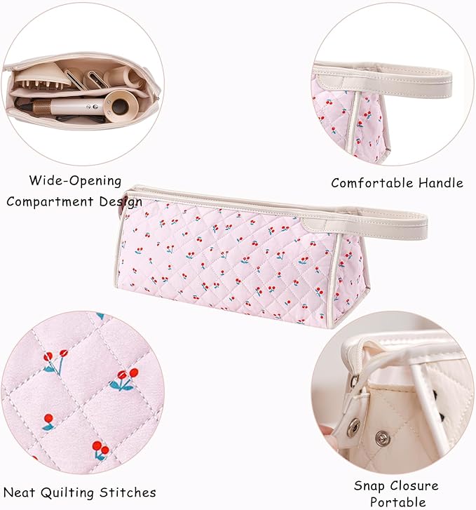 Large Quilted Hair Tools Travel Bag,Aesthetic Hair Styling Accessories Storage Case for Flat Irons,Straightener,Curling Iron,Hair Dryer,Dyson Airwrap Travle Bag,Portable Organizer（01cherry）
