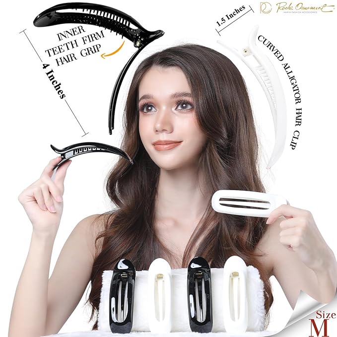 RC ROCHE 6 Pcs Flat Claw Hair Clips for Women Alligator French Barrette Long Thick Hair Duckbill Curved No Slip Grip Lay Flat Side Slide Firm Classic Styling, Medium Black & White