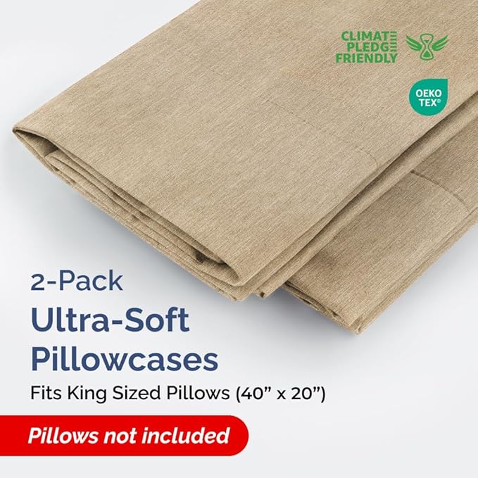 King Pillow Cases Set of 2 - Ultra Soft Hotel Quality Pillowcase Covers - Comfy, Cozy & Wrinkle Free - Shrinkage and Fade Resistant - Machine Washable Pillow Protectors - 2 Piece Set - Heathered Tan
