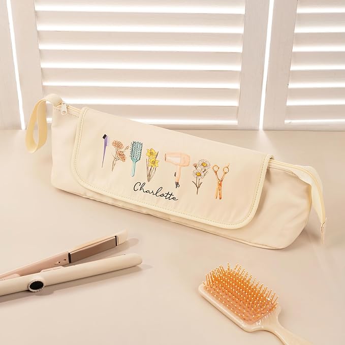 callie Custom Hair Tools Travel Bag, Personalized Portable Hair Accessories Organizer Case Storage Pouch with Heat Resistant Mat, Birth Flower Gifts for Women Men, 18" x 4.7" × 5.9"