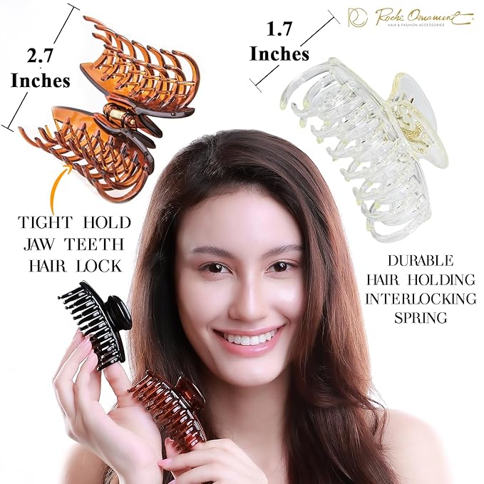 RC ROCHE 6 Pcs Double Claw Hair Clip Tooth Claw Clip Grip Tooth Jaw Clamps Thin Fine Hair Strong Hold No Slip Undo Clutchers for Women, Medium Clear Brown and Black