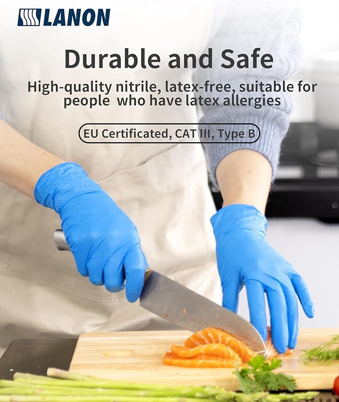 LANON Disposable Nitrile Gloves, Silicone-Free, Food-Safe, Chemical Resistant, Powder-Free, Textured Fingertips, Cooking, Cleaning, Blue, X-Large