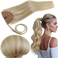 RUNATURE Ponytail Extension Human Hair, Real Hair Ponytail Extension Blonde, Straight Human Hair Ponytail, Remy Natural Hair Tangle Free, 14 Inch 70g #18P613 Ash Blonde Highlight Platinum Blonde