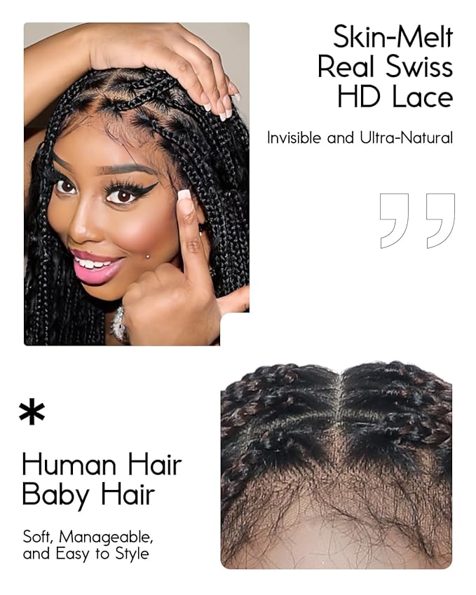 Human Hair Boho Curls Hand-Tied HD Full Lace Wig - 36" Salon-Level Small Box Synthetic Braids (79 Braids, Medium Density) Pre-Cut Swiss HD Lace, Pre-Plucked, Knotless - 1B/30 Ombre Brown