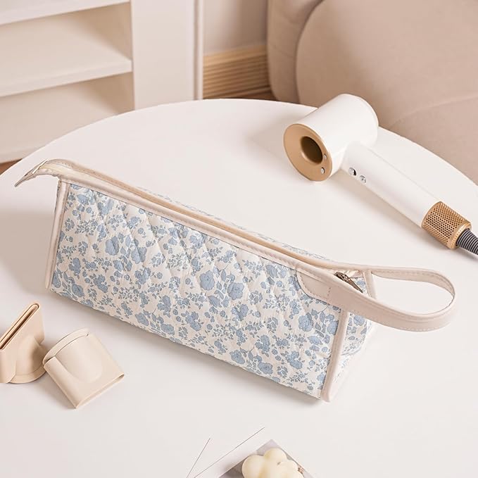 Large Quilted Hair Tools Travel Bag,Aesthetic Hair Styling Accessories Storage Case for Flat Irons,Straightener,Curling Iron,Hair Dryer,Dyson Airwrap Travle Bag（04Blue Flower）