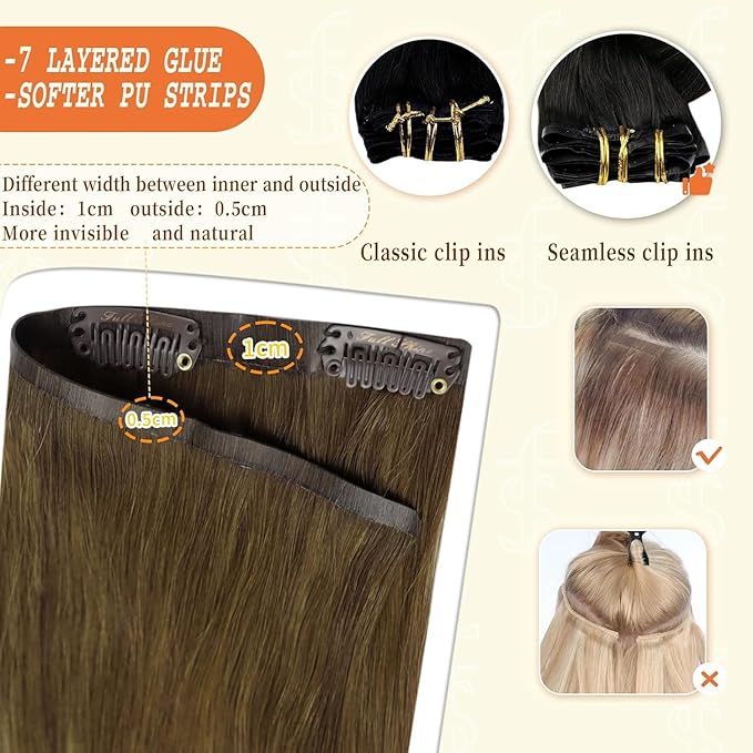 Full Shine Clip in Human Hair Extensions Balayage Clip in Hair Extensions Medium Brown to Honey Blonde and Light Brown Real Hair for Women 14 Inch 8 PCS 120 G