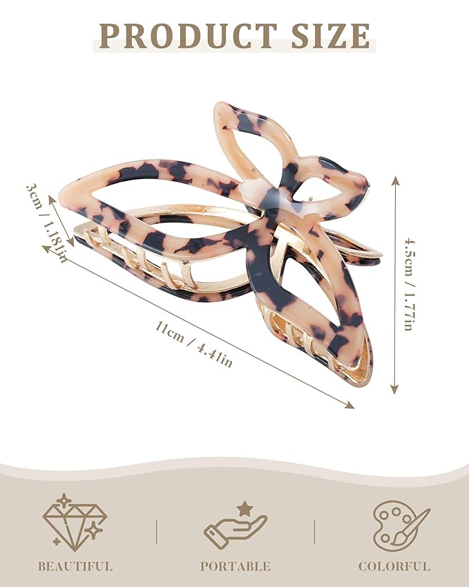 ACECHA 2 Pack Gold Metal Bow Hair Claw Clips for Women, Large Non-slip Butterfly Hairclips for Thin Thick Hair Claws Strong Hold Styling (Leopard)