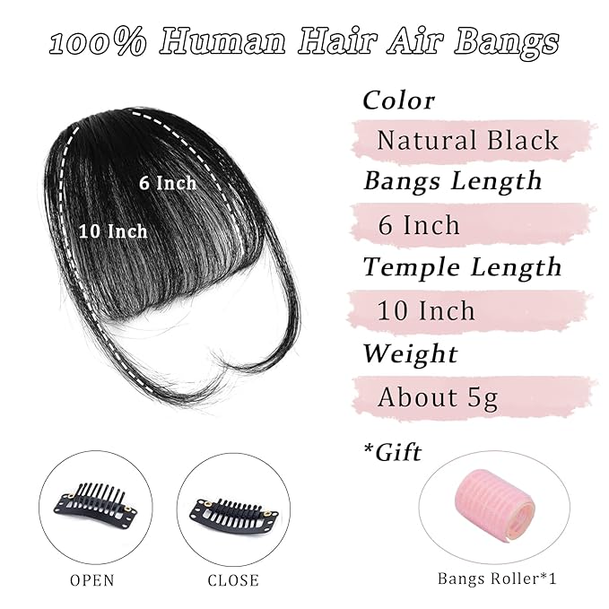 Clip in Bangs Real Human Hair Natural Black Wispy Bangs Fake Bangs with Fringe Clip on Bangs Curved Bangs Hairpieces for Women Daily Wear