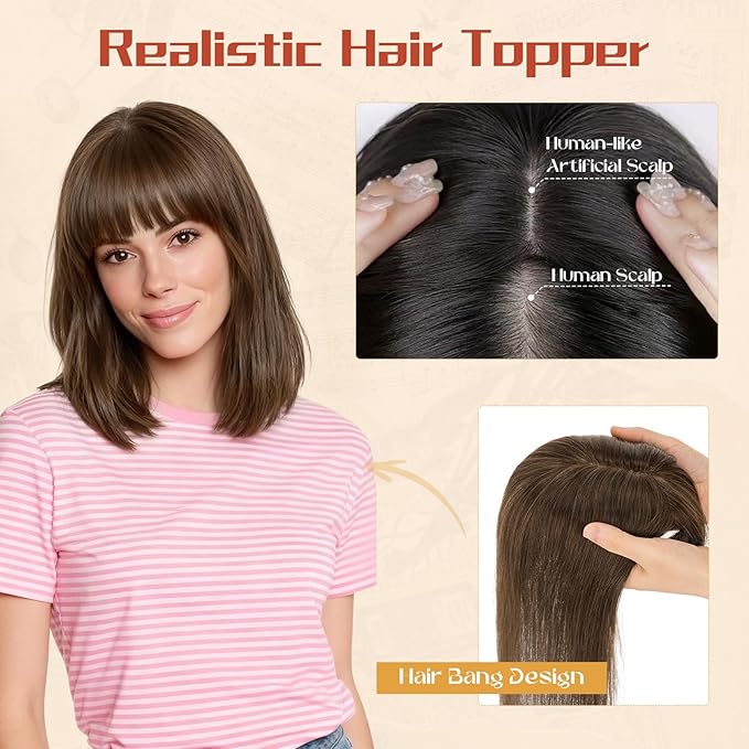Rich Choices Human Hair Toppers for Women-100% Real Remy Hair Topper with 3D 360°Bang-Upgraded 150% Density 9 * 12CM Lace Base-Clip in Hairs topper for Thinning Hairs-14Inch #2 Dark Brown