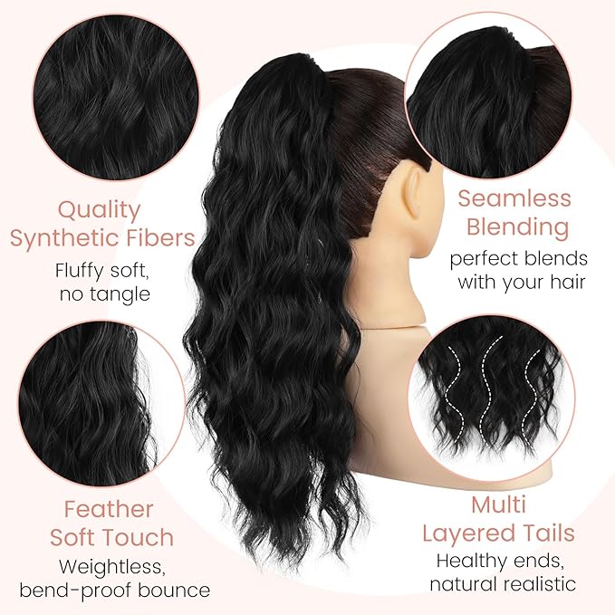 Ponytail Extension, 18 Inch Claw Clip Ponytail Extensions for Women Wavy Ponytail Hair Extension Jaw Clip on Pony Tails Hairpiece Fluffy Natural Synthetic for Daily Use (Natural Black)