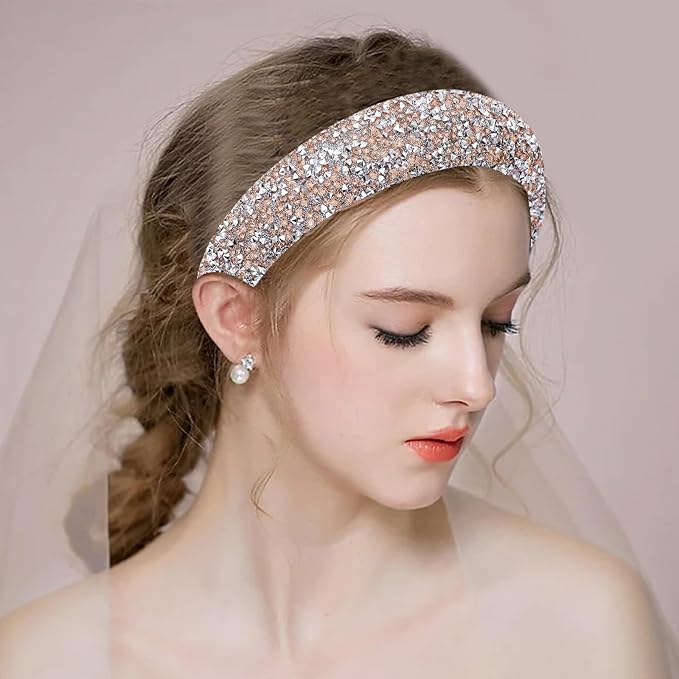 2PCS Rhinestone Wide Headbands for Women Sparkle Padded Headband Fashion Glitter Hairbands Comfort High Elastic Head Band Bling Hair Accessories for Womens Girls Hair