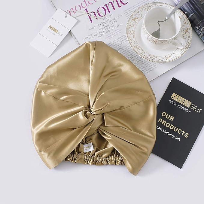 ZIMASILK 100% 22 Momme Mulberry Silk Bonnet for Sleeping Women, Breathable Silk Hair Wrap for Premium Hair Protection - Reducing Friction (1Pc, Gold)