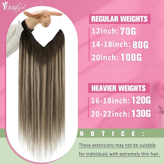 YoungSee Wire Hair Extensions Real Human Hair Balayage Brown Wire Extensions with Adjustable Clips Ombre Dark Brown with Ash Blonde Straight Human Hair Fish Line Extensions 16Inch 80G