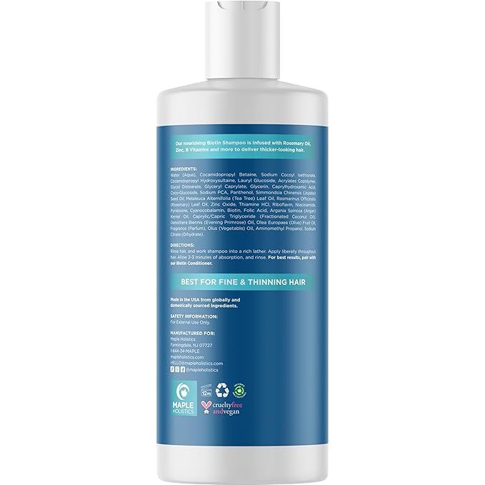 Rosemary and Biotin Shampoo for Thinning Hair - Vegan Volumizing Shampoo for Fine Hair with B Vitamins Argan Oil & Tea Tree Essential Oil - Paraben Silicone and Sulfate Free Vegan Formula (8 Fl Oz)