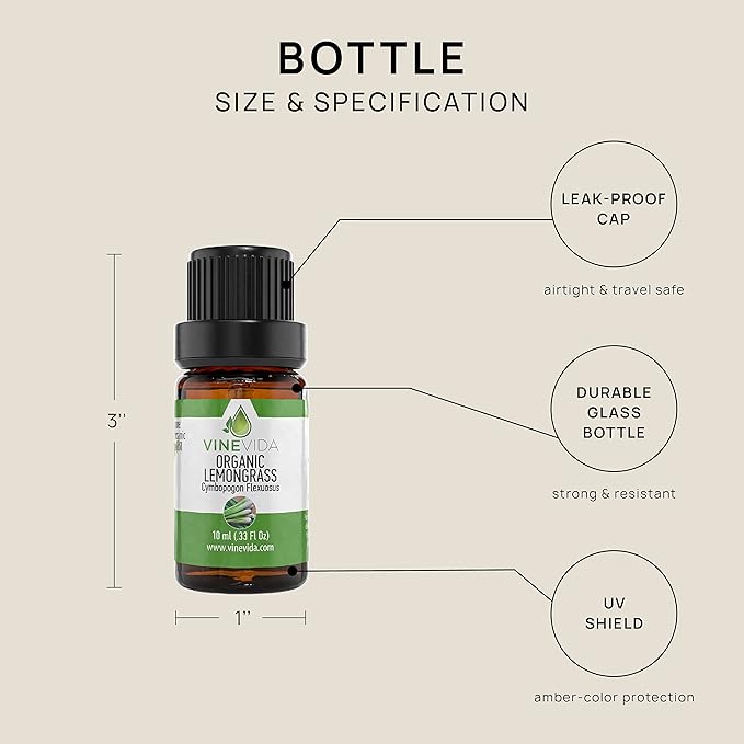 VINEVIDA Organic Lemongrass Essential Oil 10 mL - Undiluted, Pure, Vegan, Reusable Glass Bottle with Dropper
