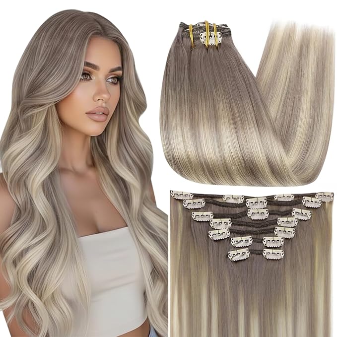 Full Shine Blonde Clip in Hair Extensions Real Hair Double Weft Clip in Extensions Balayage Ash Grey Fading to Blonde Hair Extensions for Volume 7 Pcs 14 Inch 120 G