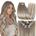 Full Shine Clip on Hair Extensions Human Hair 16 Inch Balayage Grey to Platinum Blonde Clip in Extensions for Women Grey Blonde Hair Extensions 7 Pcs 120 G
