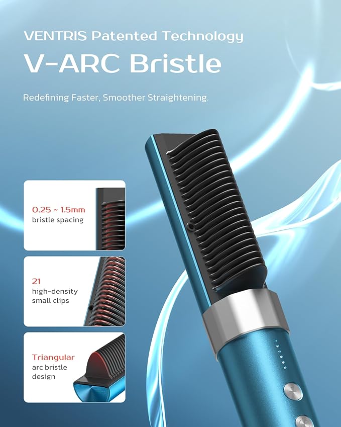 VENTRIS Cordless Ionic Hair Straightener Brush, Anti-Frizz Fast Heating Portable Hair Straightening Travel Hot Comb for Women, VOYA Series