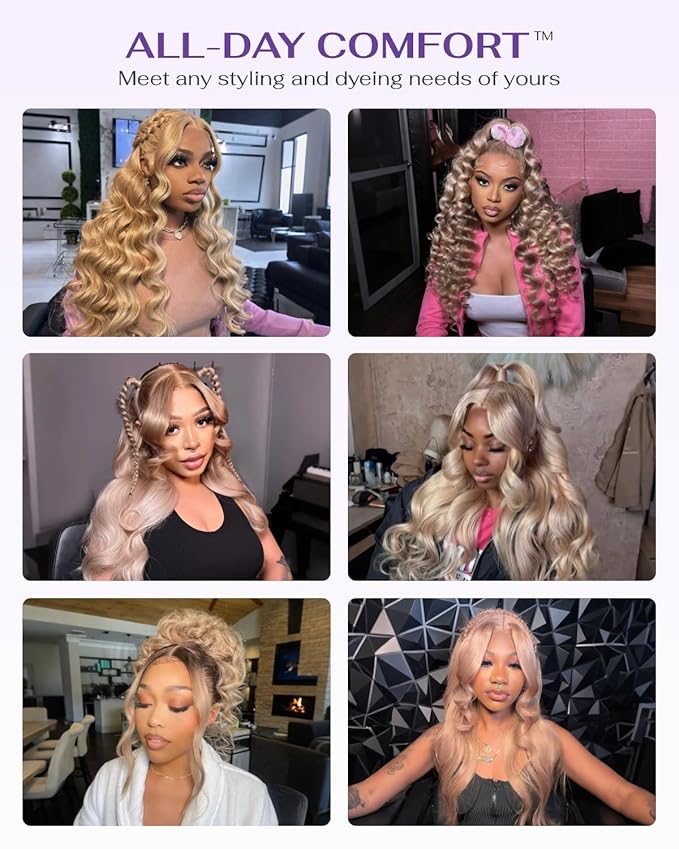 Hidden Strap Milk Tea Ash Blonde Wig Human Hair Body Wave 360 Lace Front Wig Human Hair Ombre Glueless Wigs Pre Bleached Bleached Knots 180% Density Drawstring HD Full Lace Wigs 28Inch