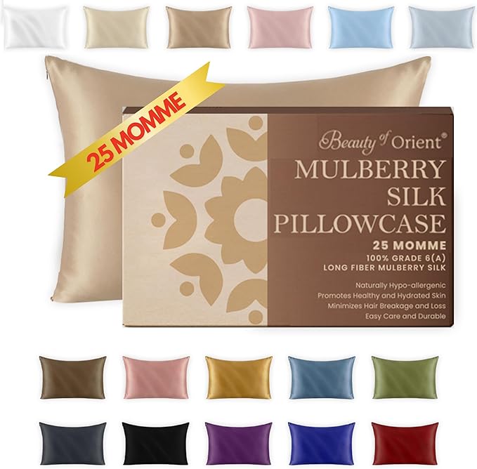 25 Momme Premium Mulberry Silk Pillowcase for Hair and Skin | Handcrafted Hypoallergenic & Anti-Acne Silk Pillow Cases with Zipper | Queen - 20" x 30", Champagne