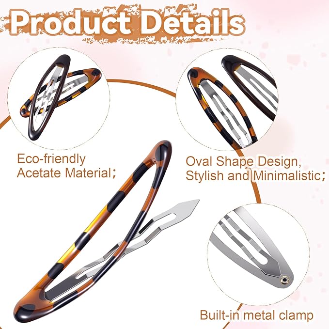 8 Pcs Hair Metal Barrettes for Women, Oval Large Barrettes, Small Snap Hair Clips for Women, Flat Non Slip Large Hair Clips (Black & Tortoise)