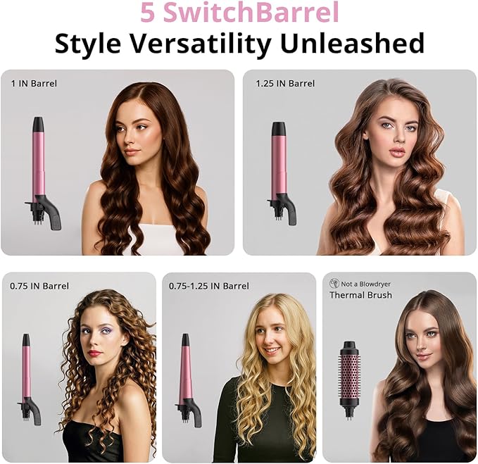 5 in 1 Automatic Rotating Curling Iron Set, CrazyMar Curling Wand Set - 5 Barrels (3/4,1,1/4 Inch) Dual Voltage Curling Wand for Professional Hair Styling, Travel, Ceramic Coating, Women Gifts