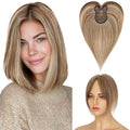 Human Hair Topper with Bangs for Women, 360° Cover Clip in Curtain Bangs Hair Toppers Hair Piece with Highlights 3.15x4.33 Hand-tied Base Medium Brown&Dark Blonde