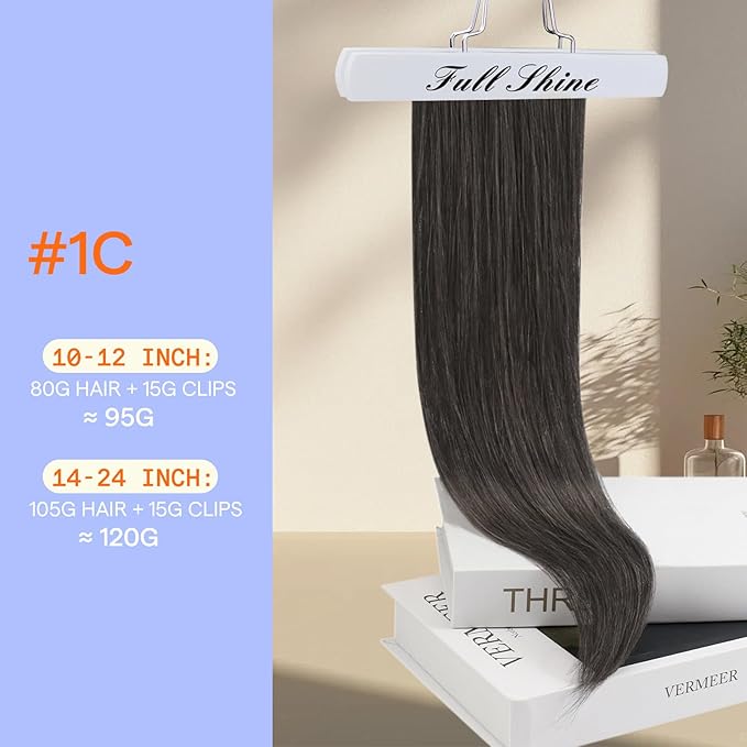 Full Shine Real Hair Extensions Clip in Human Hair Natural Black Tea Human Hair Clip ins for Fine Hair 20 Inch 120 G 7 Pcs