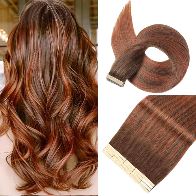 Chocolate Brown to Auburn Brown Tape in Hair Extensions Human Hair,14 Inch Human Hair Tape in Extensions 20Pcs Tape Ins Human Hair Extensions for Women Seamless Tape in Hair Extensions Real Human Hair