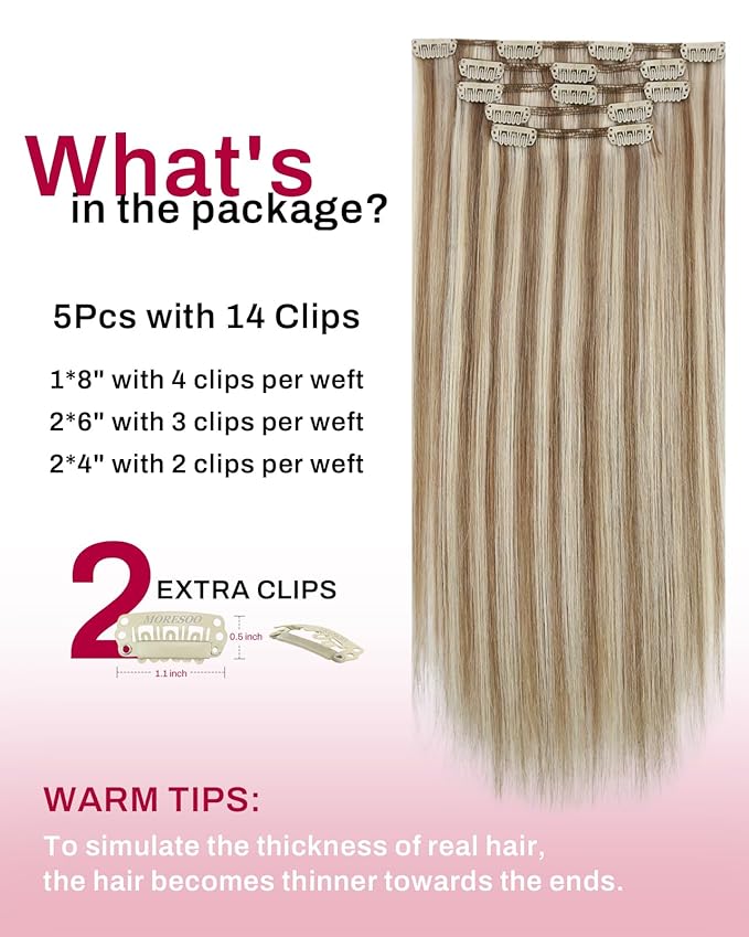 Moresoo Clip in Hair Extensions Brown with Blonde Highlights Clip ins Human Hair Dark Golden Brown with Platinum Blonde Short Real Human Hair 80g/5pcs 12 inch