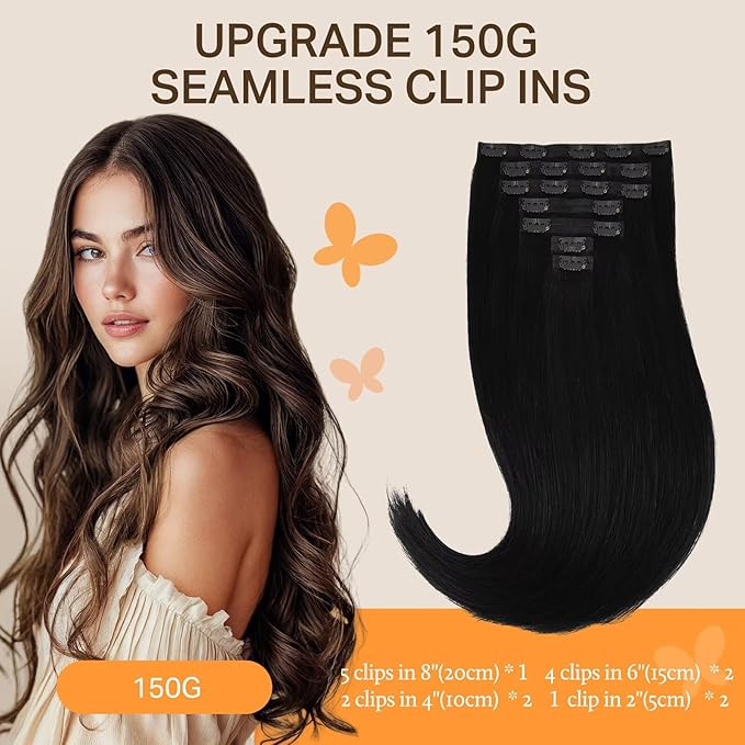 DOORES Clip in Hair Extensions Real Human Hair Invisible Edge, Jet Black 130g 7pcs 18 Inch Clip in Extensions, Natural Straight Weft for Women