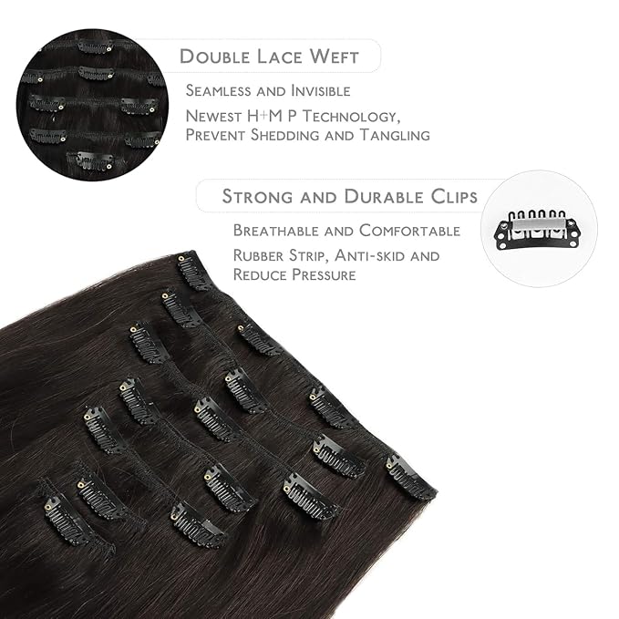 WENNALIFE Clip in Hair Extensions Real Human Hair, 14 Inch 120g 7pcs Dark Brown Hair Extensions Clip In Human Hair Remy Hair Double Weft
