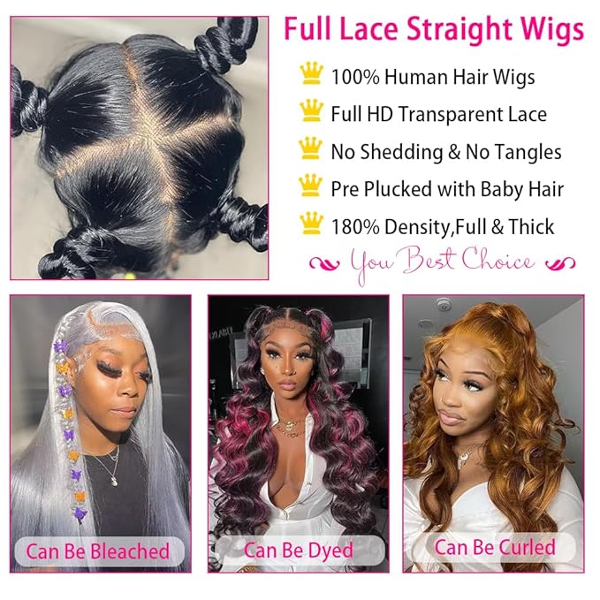 Straight Full Lace Wigs Human Hair 100% Hand-tied Full Lace Human Hair Wigs Full Scalp Lace Wigs Part Anywhere 180% Density(26inch, Natural Black)