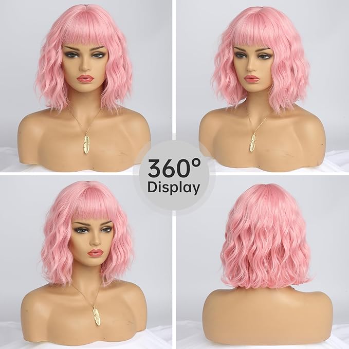 Short Pink Wig with Bangs Natural Looking Hair Wigs for Women Pink Wavy Medium Length Heat-Resistant Synthetic Fiber Hair Water Wave Bob Wig Colorful（14 Inches）