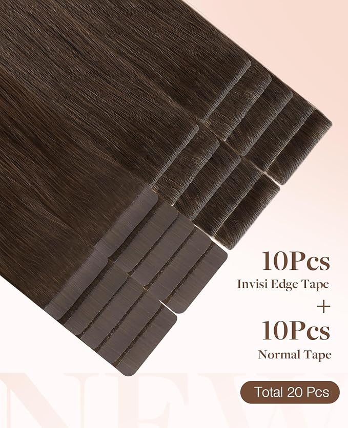 GOO GOO Invisi Edge Tape in Hair Extensions Human Hair, 4A Chocolate Brown 10pcs injected with 10pcs classical tape ins, 18inch 50g, Virgin Remy Hair, Natural Look