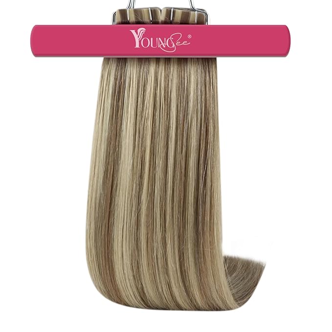 YoungSee Invisible Tape in Hair Extensions for Girls Tape ins Human Hair Extensions Light Brown Highlights Blonde Tapes Hair Extension Real Human Hair for Women Long Straight Hair 22In 20pcs 50g