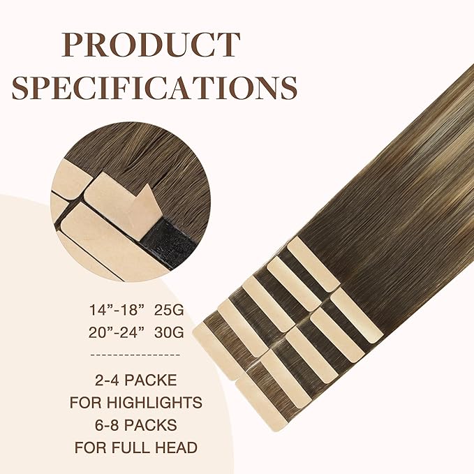 GOO GOO Tape in Hair Extensions Human Hair, 4/18 Balayage Chocolate Brown Highlighted Dirty Blonde, 22inch 30g 10pcs, Skin Weft Seamless Invisible, Silky Straight with Thick Ends, Remy Human Hair