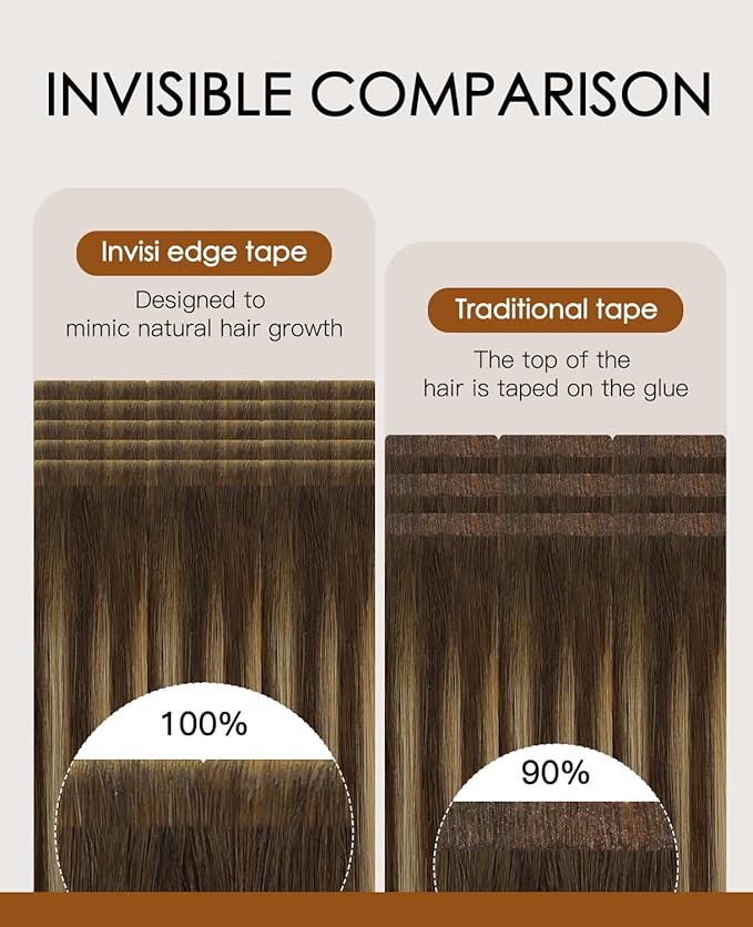 VINBAO Invisi Edge Tape in Extensions Balayage Dark Brown Mixed Caramel Blonde 20pcs 40g Injection Tape-ins Hair Extensions Rallonge Cheveux Humain 14inch #4/27/4