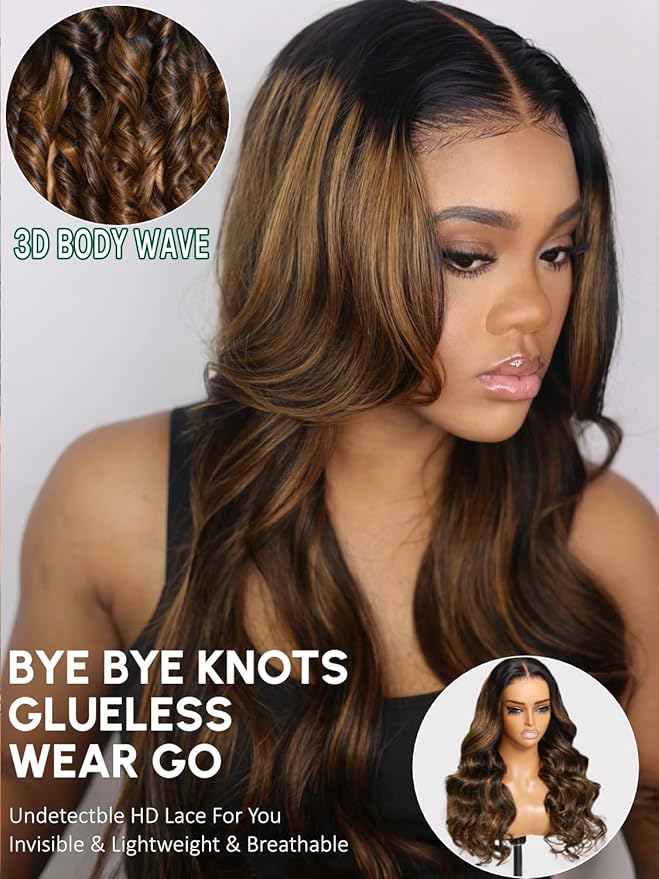KLAIYI Bye Bye Knots Glueless Wig Ombre Brown Body Wave Pre Cut 7x5 Lace Front Wigs Human Hair Pre Plucked Pre Bleached Pre Everything Wear and Go Wig 12A Highlight Balayage 30S Ready To Go 26Inch