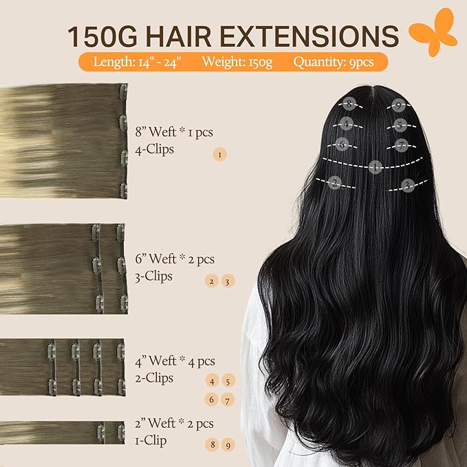 DOORES Clip in Hair Extensions, Ash Brown to Platinum Blonde 135g 7pcs 16 Inch, Remy Silky Hair Extensions Clip in Human Hair Natural Straight Weft Gift