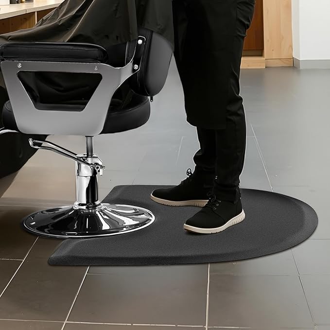VEVOR Salon Mat for Hair Stylist, 3 x 4 FT Semi-Circle Salon Chair Mat, 1/2-inch Thickened Anti Fatigue Barber Shop Floor Mat with Round Cut Out, Easy-to-Clean PVC Surface & Anti-Trip Beveled Edges