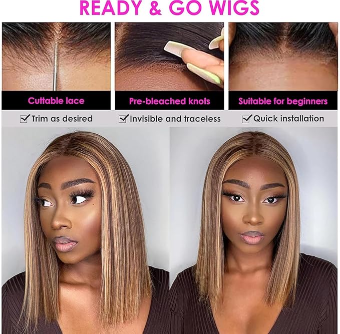 4/27 Ombre Highlight Bob Wig Human Hair 14 inch straight 427 bob wig 13x4 Highlight HD Lace Frontal Bob Wig Human Hair 180% Density Pre Plucked Ombre Short Bob Wigs for Black Women