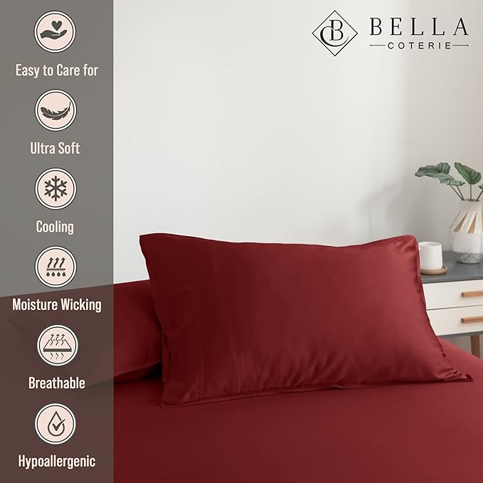 Bella Coterie | Luxury Standard Size Pillowcase Set | 100% Organically Grown Bamboo Viscose | Ultra Soft | Cooling | 2 Pcs [Merlot]