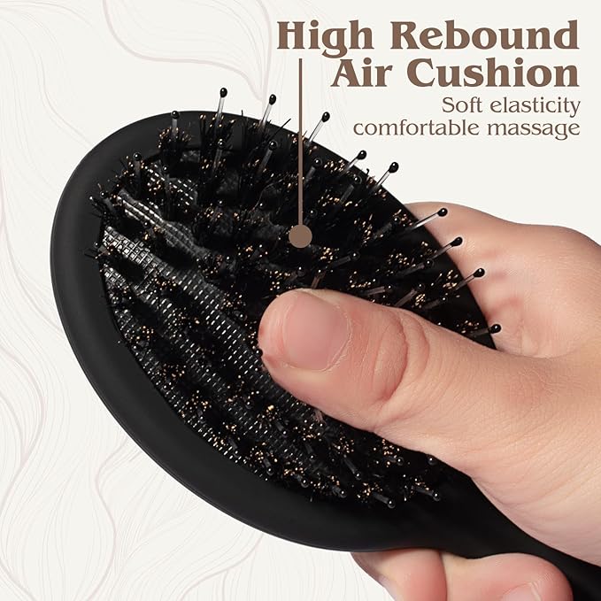 Mini Boar Bristle Hair Brush - Boar & Nylon Bristle Small Brush for Women Kids Long Short Hair to Smooth Add Shine - Travel Size Hair Brush for Purse,Pocket, Black