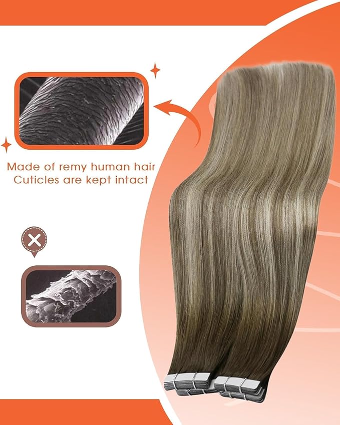 Sunny Hair Tape in Hair Extensions Real Human Hair Invisible Remy Hair Extensions Tape ins for Women Cool Brown Ombre Light Brown Balayage Medium Blonde 24 inch 25G