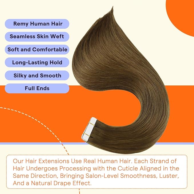 Full Shine Tape in Hair Extensions Human Hair 20PCS 12 Inch Color 3 Brown Straight Seamless Skin Weft Remy Human Hair Tape in Extensions 30g Natural Extensions for Women Real Hair Add Volume